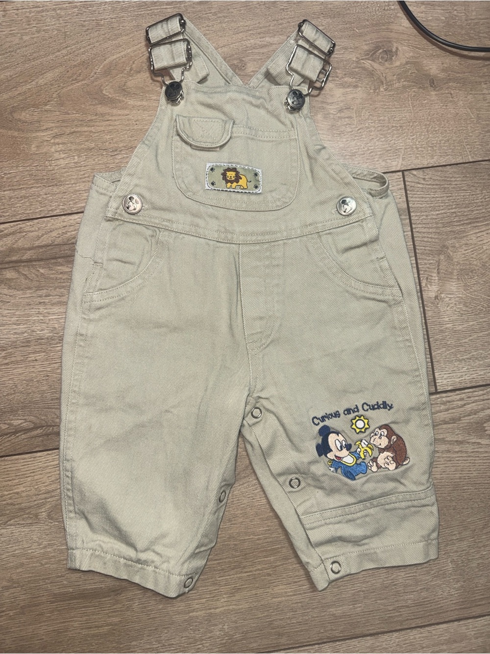 Vintage Y2K Beige Kids Overalls with Mickey Mouse Embroidery